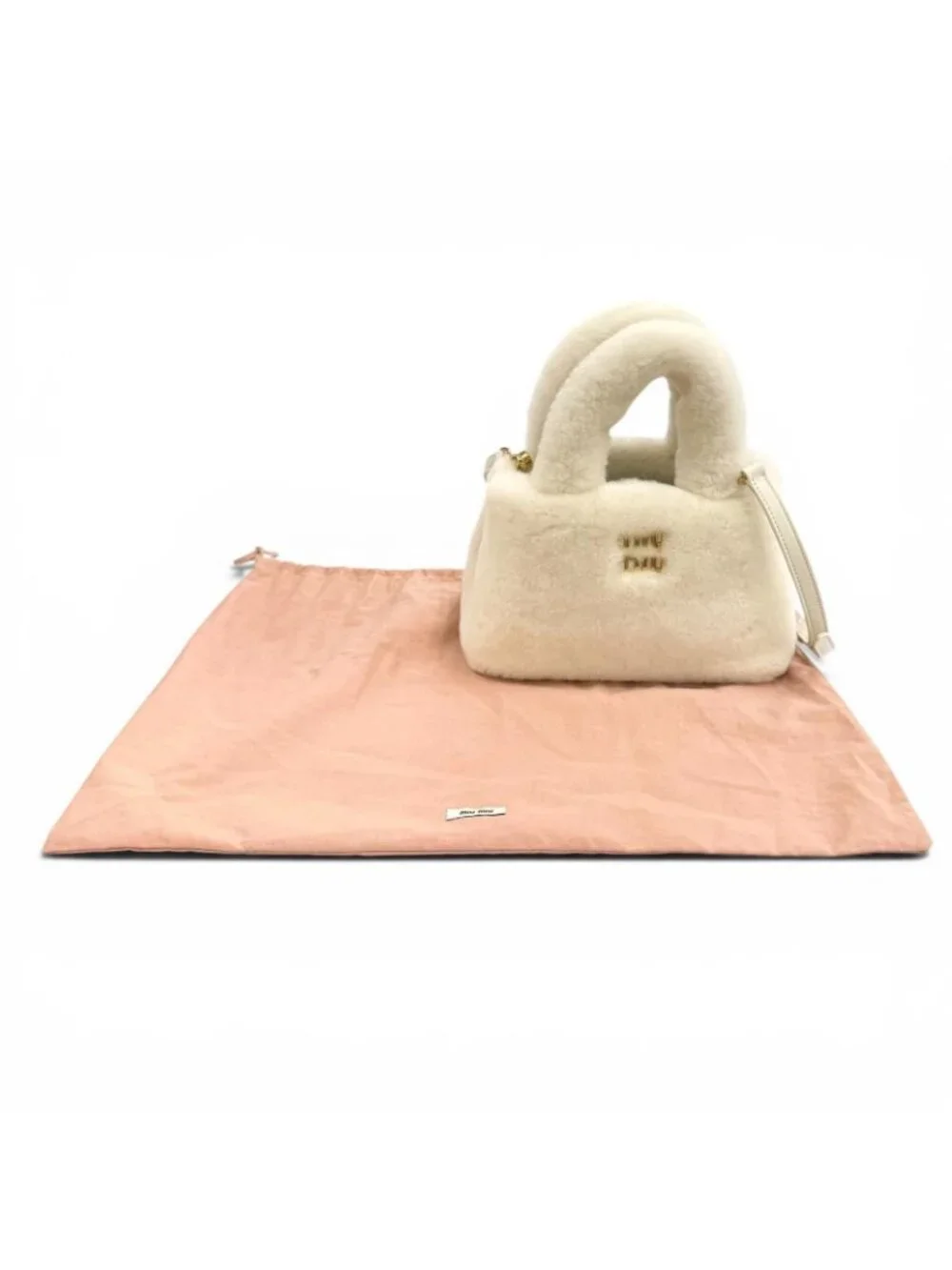 Miu Miu Sheepfur with Logo Plate Shearling 2-Way Handbag White